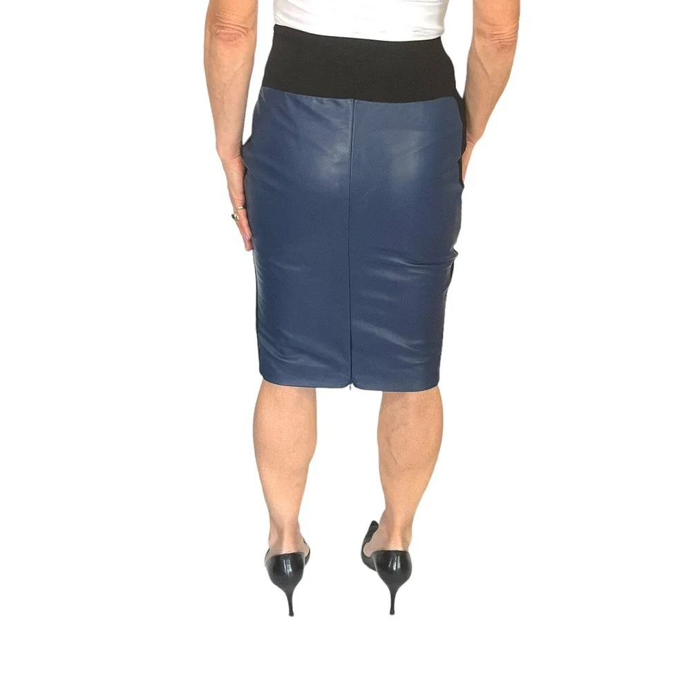 ROBERT RODRIGUEZ  SCUBA NAVY LEATHER COLORBLOCK MOTO JACKET SKIRT SUIT SET 2/4